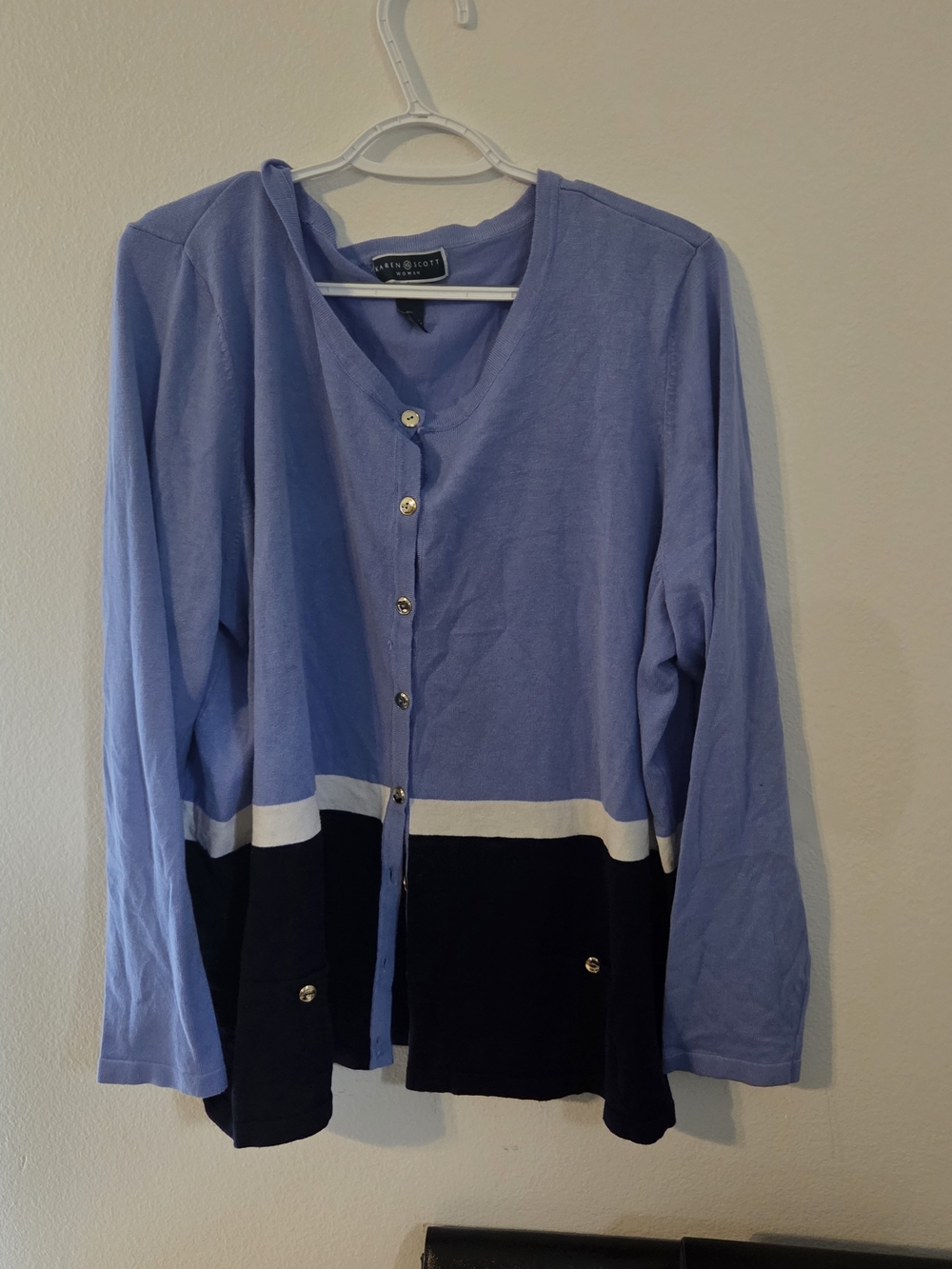 Karen Scott Plus Size 3X Colorblock Cardigan Sweater Blue Navy Button Front EUC
